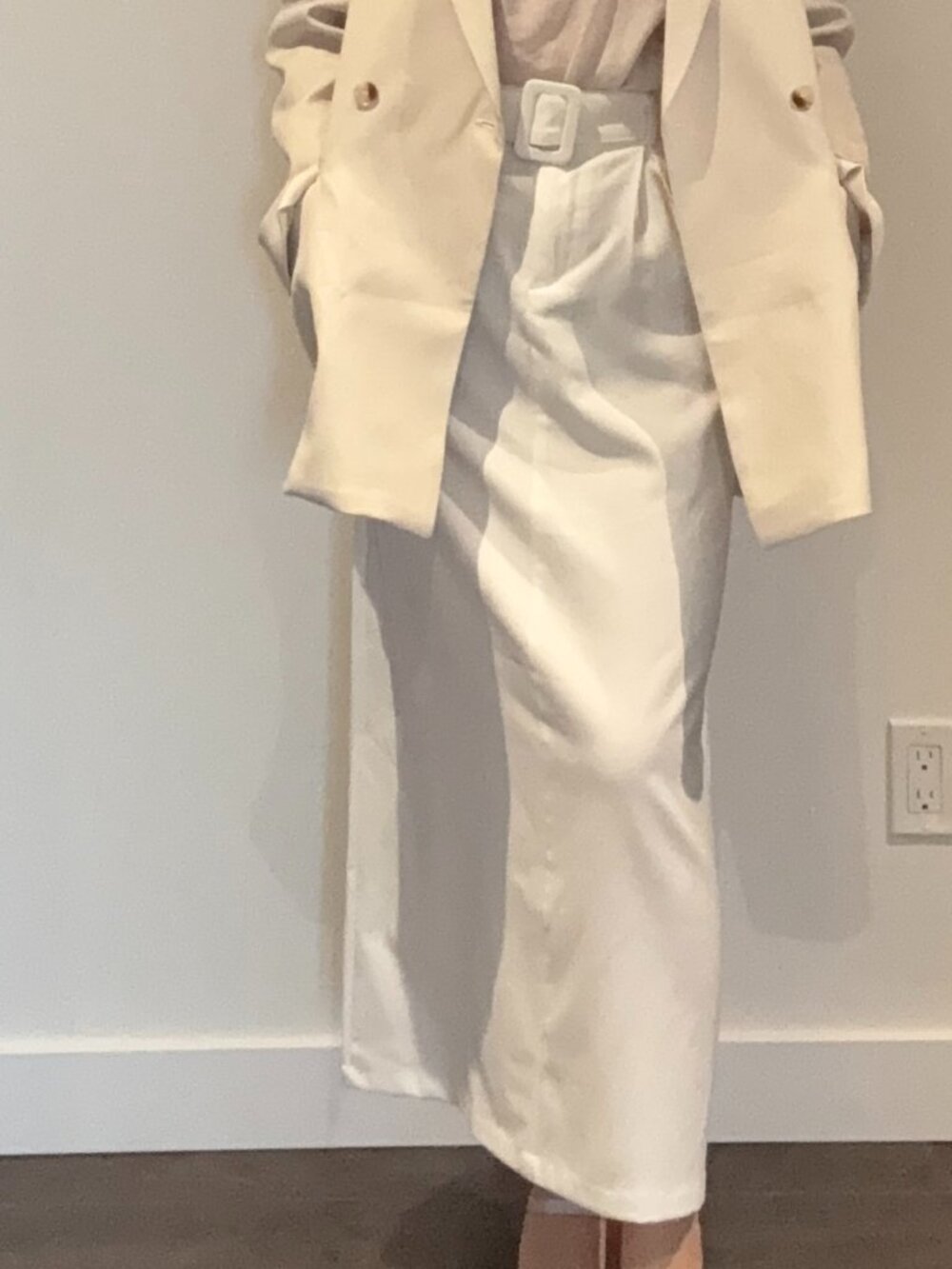 High-Waisted White Midi Skirt with Belt - Brand New
